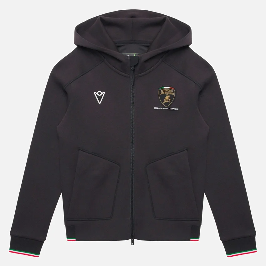 Automobili Lamborghini Squadra Corse Kinder-Sweatshirt in Schwarz mit Dreifarb-Motiv und durchgehendem Reißverschluss Automobili Lamborghini Squadra Corse Kinder-Sweatshirt in Schwarz mit Dreifarb-Motiv und durchgehendem Reißverschluss