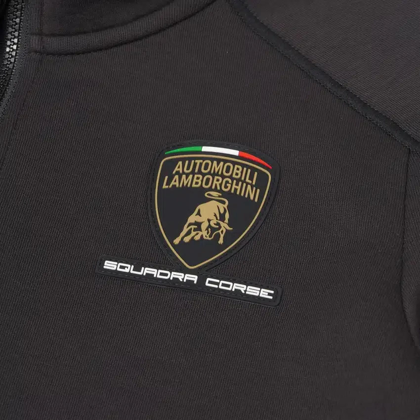 Automobili Lamborghini Squadra Corse Kinder-Sweatshirt in Schwarz mit Dreifarb-Motiv und durchgehendem Reißverschluss Automobili Lamborghini Squadra Corse Kinder-Sweatshirt in Schwarz mit Dreifarb-Motiv und durchgehendem Reißverschluss